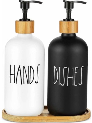 Özgürce 2’li Siyah Beyaz Dekoratif Cam Sabunluk Seti, 500ML Bambu Standlı
