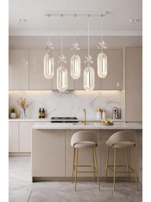 Aura Lighting Aura Lıghtıng Krom Elips 5'li Yemek Masası Modeli 3 Renk LED Kumandalı  Modern Avize Beyaz Sarı Günışığı