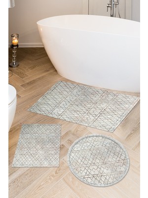 PremiumPort Kaymaz Taban 3'lü Banyo Paspas Takımı, Trend Karışık Yuvarlak Bej
