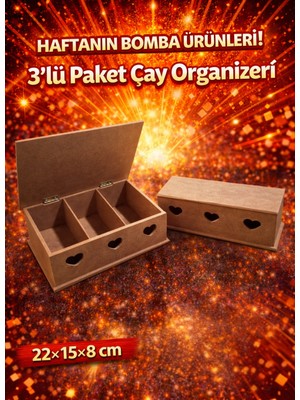 Özgürce 3’lü Ahşap Çay Organizer, Bölmeli Saklama Kutusu, 22X15X8 cm