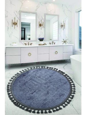 PremiumPort Antrasit Yuvarlak Ponpon Saçaklı Banyo Paspası, Kaymaz, Makinede Yıkanabilir