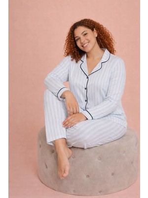 Alperi Büyük Beden Kadın Pijama Takımı Çizgili Boydan Düğmeli Rahat (3xl-6xl) B790-46