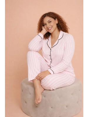 Alperi Büyük Beden Kadın Pijama Takımı Çizgili Boydan Düğmeli Rahat (3xl-6xl) B790-46