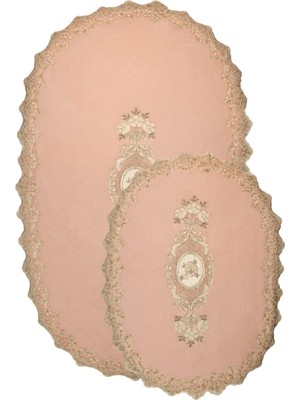 PremiumPort Pembe Oval Dantelli Banyo Paspas Seti 2'li, Kaymaz, Çeyizlik, Klozet Takımı