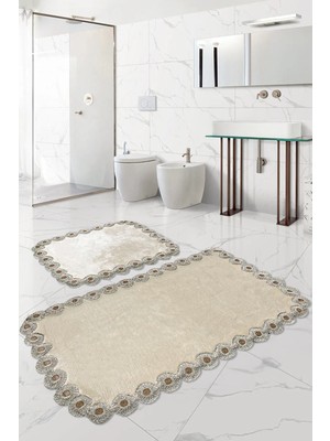 PremiumPort Vizon Renkli 2'li Dantelli Banyo Paspası Seti, Kaymaz Tabanlı Klozet Takımı