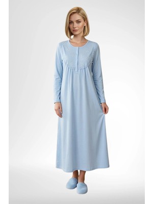 Mecit Pijama Mecit 6374 Mavi Kadın %100 Pamuk Uzun Kollu Gecelik