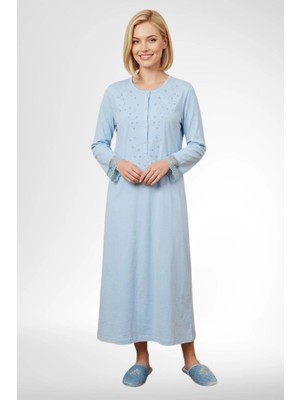 Mecit Pijama Mecit 6375 Mavi Kadın %100 Pamuk Uzun Kollu Gecelik