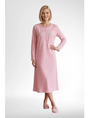 Mecit Pijama Mecit 6373 Pembe Kadın %100 Pamuk Uzun Kollu Gecelik