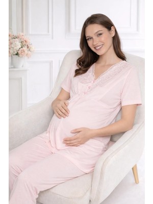 Hamile Pijama Takımı – Dantel Detaylı Lohusa Pijama Rahat Yazlık Flz 24-81