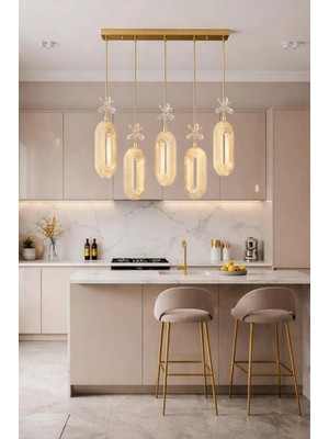 Aura Lighting Aura Lıghtıng Gold Elips 5'li Yemek Masası Modeli 3 Renk LED Kumandalı Modern Avize Gece Modlu