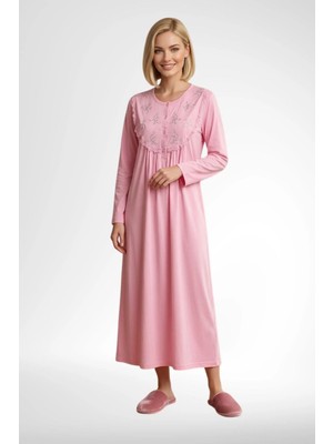 Mecit Pijama Mecit 6374 Pembe Kadın %100 Pamuk Uzun Kollu Gecelik