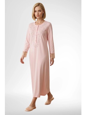 Mecit Pijama Mecit 6375 Somon Kadın %100 Pamuk Uzun Kollu Gecelik