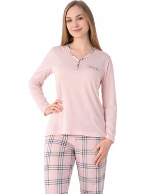 Ekose Desenli Viskon Pijama Takımı Uzun Kollu Rahat Ev Giyim Flz 89-140