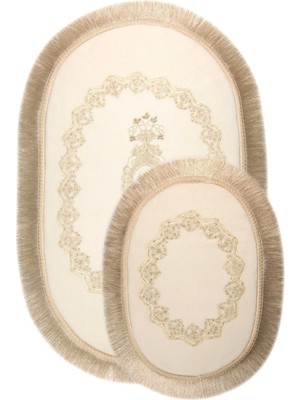 PremiumPort Oval Krem Banyo Paspası Takımı, Dantelli ve Saçaklı, Kaymaz, Püsküllü