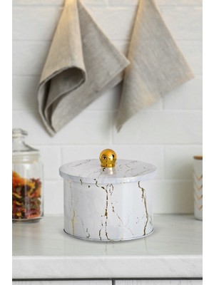 Özgürce Marble White Yuvarlak Metal Saklama Kabı 14 Cm, Şık ve Kullanışlı Tasarım