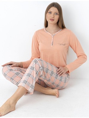 Ekose Desenli Viskon Pijama Takımı Uzun Kollu Rahat Ev Giyim Flz 89-140