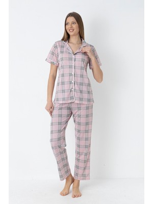 Kadın Ekose Pijama Takımı – Boydan Düğmeli Rahat Ev Giyim Takımı | Flz 88-133