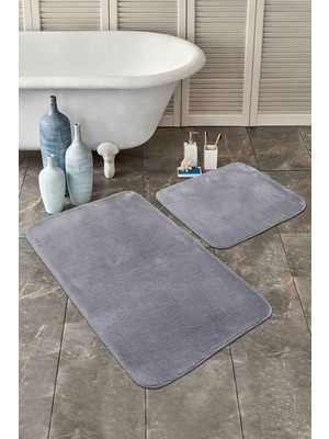 PremiumPort 2'li Gri Peluş Banyo Paspas Takımı, Kaymaz Taban, Yıkanabilir, 80X120 + 80X50