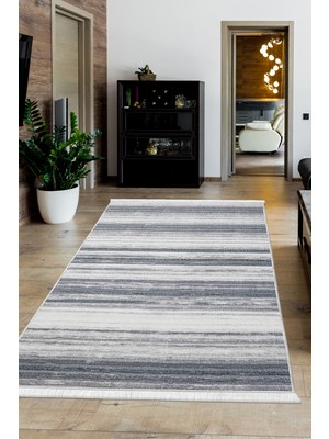 PremiumPort Şık Dijital Saçaklı Halı 100X150, Gri, Silinebilir, Modern Tasarım