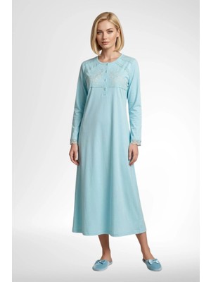 Mecit Pijama Mecit 6373 Turkuaz Kadın %100 Pamuk Uzun Kollu Gecelik