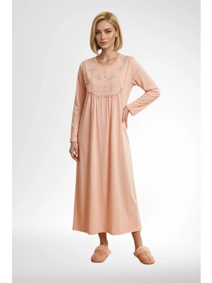 Mecit Pijama Mecit 6374 Somon Kadın %100 Pamuk Uzun Kollu Gecelik