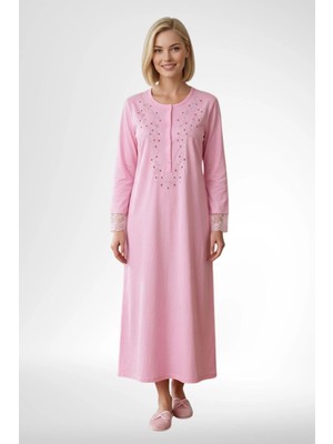 Mecit Pijama Mecit 6375 Pembe Kadın %100 Pamuk Uzun Kollu Gecelik