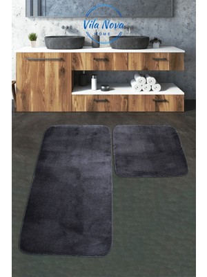 PremiumPort Peluş Post Banyo Halısı 2'li Set, Yumuşak ve Yıkanabilir, Antrasit Renk