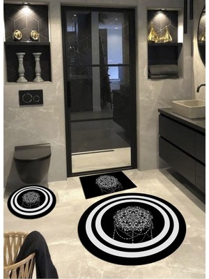 PremiumPort Siyah Yuvarlak Banyo Halısı Seti, Dokuma Taban, 3 Parça (100X100, 60X60, 40X60 Cm)