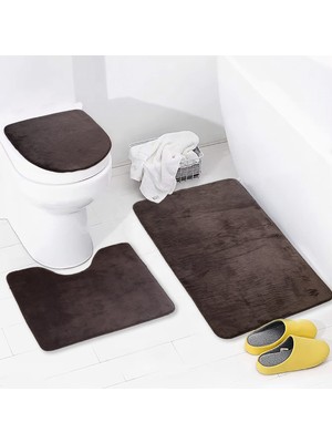 PremiumPort Unicolor Düz Kahve 3'lü Banyo Paspası ve Klozet Takımı Seti