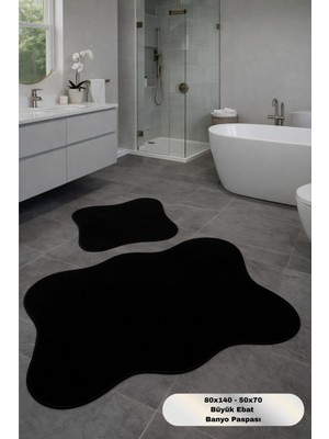 PremiumPort Siyah Suya Dayanıklı Deri Tabanlı Banyo Paspası 80X140 ve 50X70