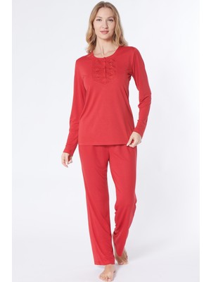 Flz Dantel Detaylı Viskon Kadın Pijama Takımı Uzun Kollu Rahat Ev Giyim Flz 89-136