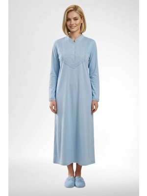 Mecit Pijama Mecit 6376 Mavi Kadın %100 Pamuk Uzun Kollu Gecelik