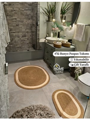 PremiumPort 4'lü Jüt ve Hasır Banyo Paspası Takımı ve Sepet Seti