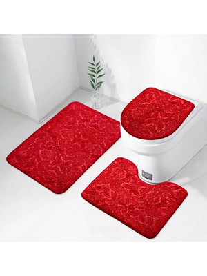 PremiumPort Ultrasoft Kırmızı 3’lü Banyo Paspası ve Klozet Takımı Seti