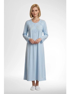 Mecit Pijama Mecit 6373 Mavi Kadın %100 Pamuk Uzun Kollu Gecelik