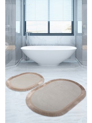 PremiumPort Püsküllü Banyo Paspası Seti, Kaymaz Deri Tabanlı ve Saçaklı Klozet Takımı