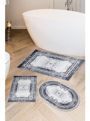 PremiumPort 3'lü Banyo Paspas Takımı, Kaymaz Taban, Modern Oval Tasarım, Lacivert