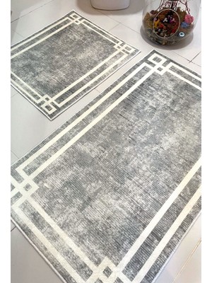 Handanca Kaymaz Taban Yıkanabilir 2 Parça 60X100 - 50X60 Banyo Halısı Banyo Paspası Klozet Takımı Gri
