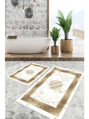 Handanca Dijital Baskı Mermer Desen Kaymaz Taban 2li Set Klozet Takımı (50X60CM-60X100CM)