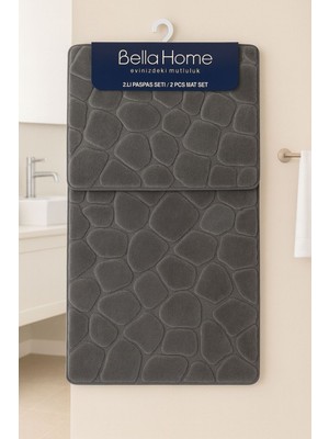Handanca 2'li Taş Puffy Klozet Takımı - Yıkanabilir Kaymaz Dot Taban - 60X100 cm 50X60 cm - Antrasit