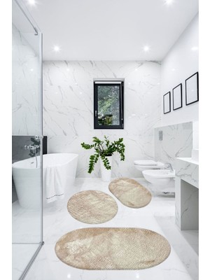 Handanca Puffy Yumuşak 3'lü Banyo Halısı Paspası Oval Peluş Klozet Takımı-Bej 60X100-40X60-60X60