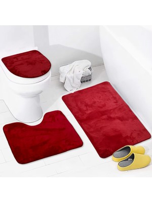 PremiumPort Düz 3'lü Kırmızı Banyo Paspası Seti, Kaymaz Deri Taban, Yıkanabilir