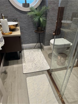 Handanca Simli Bambu Kaymaz Deri Taban Toz Leke Tutmaz 2li Set Klozet Banyo Paspas Takımı