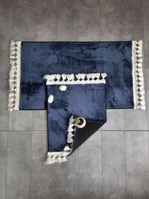 PremiumPort Lacivert Ponpon Saçaklı Peluş Banyo Paspası Çift Takım