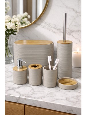 PremiumPort 6 Parça Toprak Banyo Seti, Bambu Detaylı ve 8l Çöp Kovası