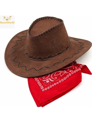 Siv Ticaret Mey Ithalat® Çocuk Kovboy Şapka Kahverengi &amp; Kırmızı Bandana Seti