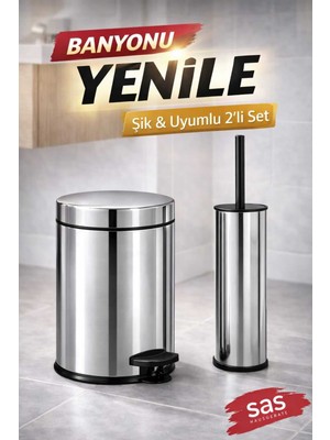 PremiumPort Paslanmaz Çöp Kovası ve Wc Fırçası Seti, 3l, Krom Görünüm