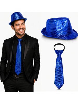 Siv Ticaret Mey Ithalat® Mavi Payetli Şapka ve Kravat Seti – Işıltılı Parti Kombini