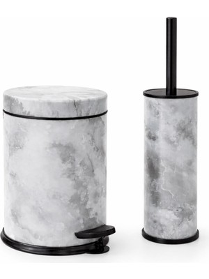PremiumPort Şık 2'li Banyo Seti, Mermer Desenli Pedallı Çöp Kovası ve Klozet Fırçası