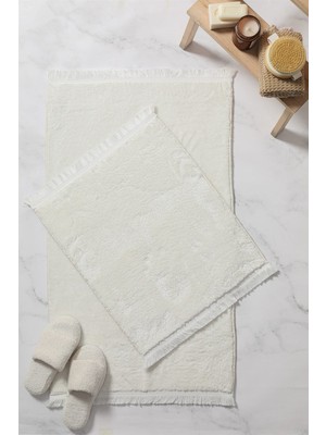 Handanca Puffy Yumuşak Yıkanabilir Düz Saçaklı Peluş Kaydırmaz Taban 2'li Banyo Paspası Ekru 60X100-40X60